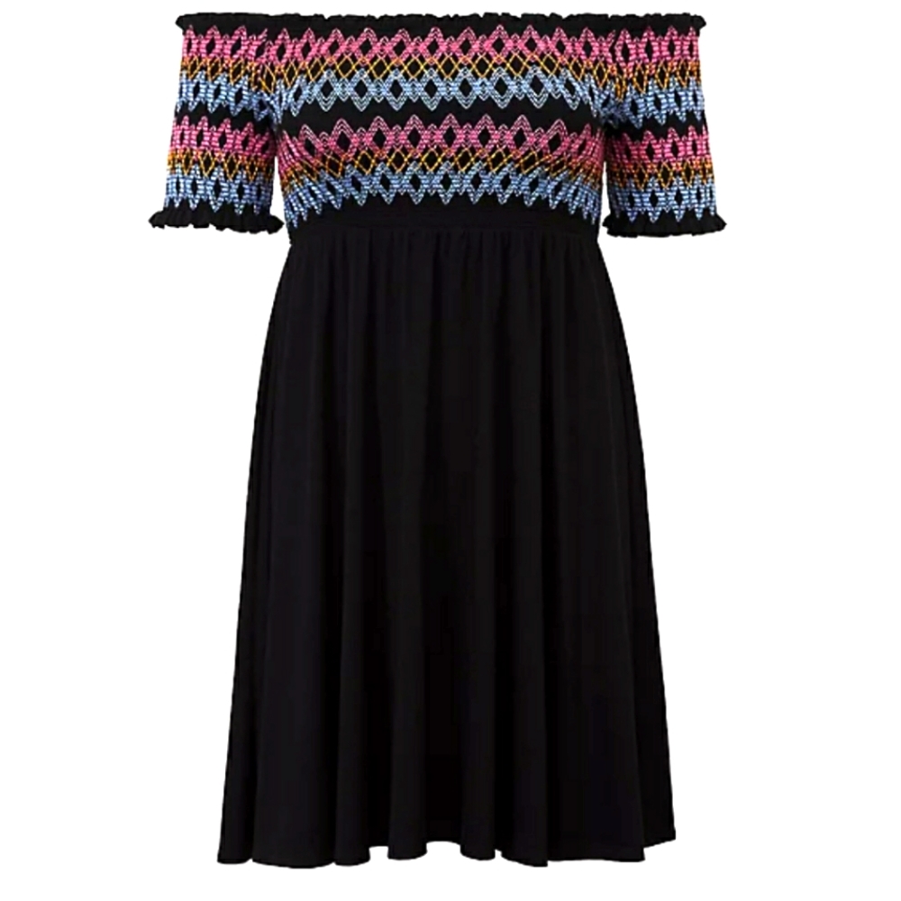 BLACK EMBROIDERED ERSEY OFF SHOULDER SKATER DRESS